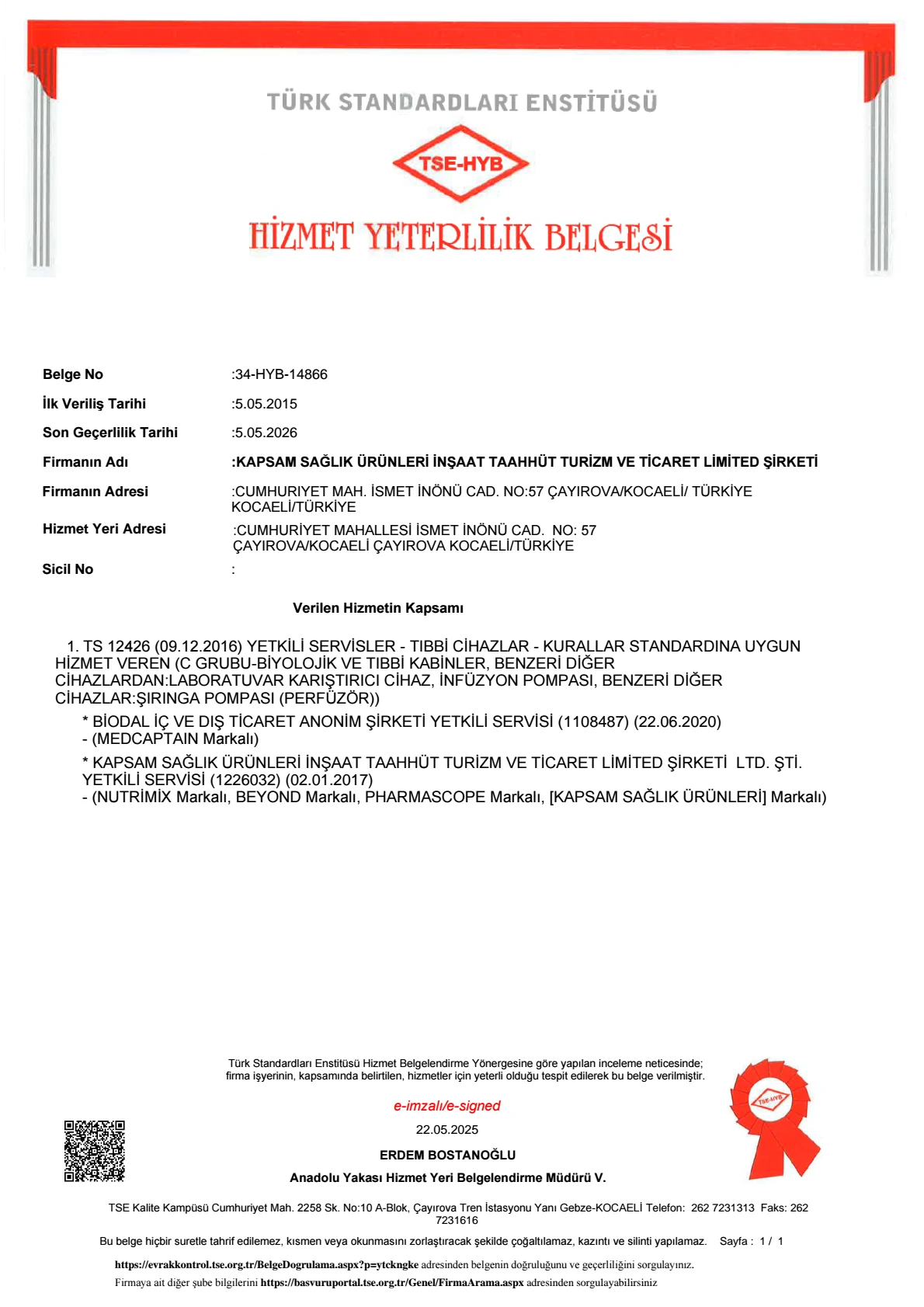 TSE Hizmet Yeterlilik Belgesi